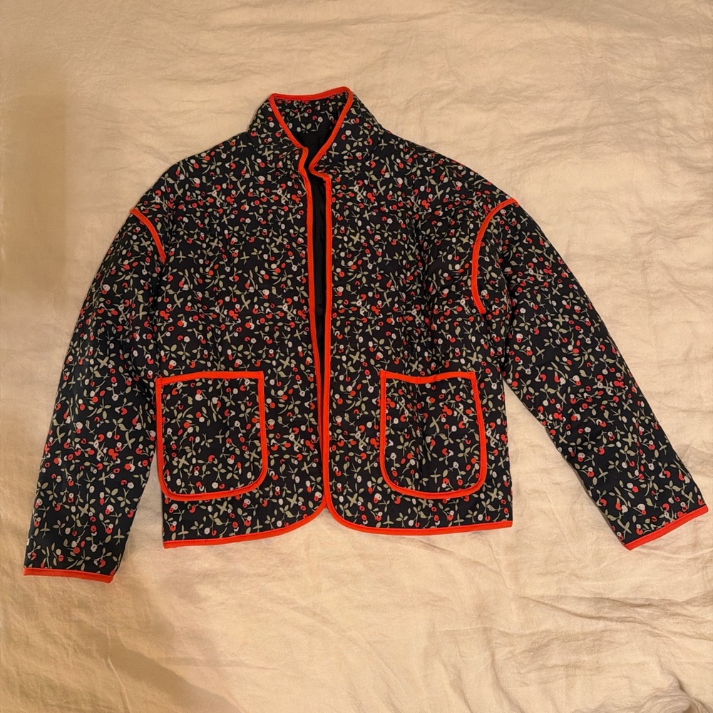 Floral/ berry print quilted Jacket with Red Trim